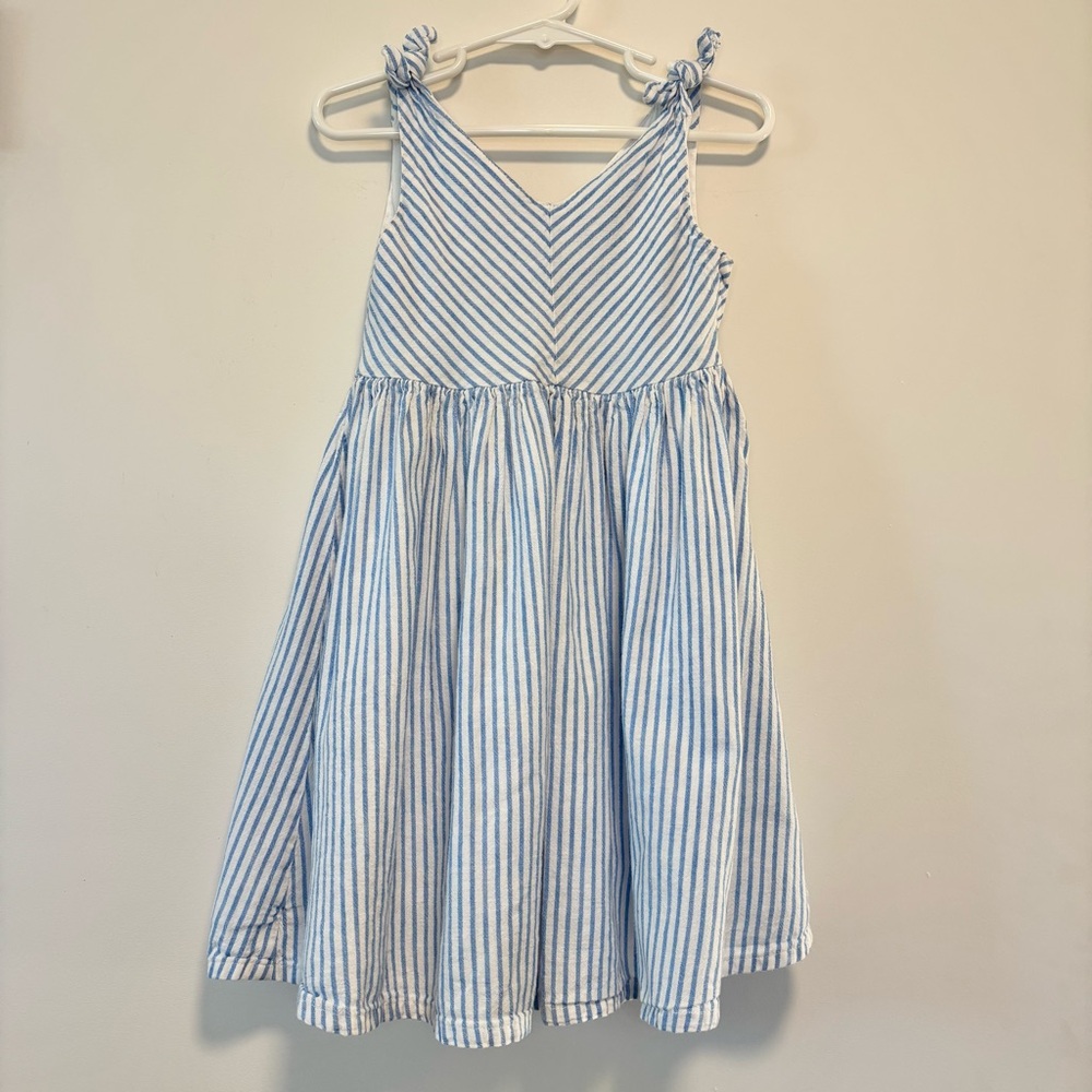 Hope & Henry Seersucker Bow Shoulder Swing Dress Blue White Stripe Girl Size 4